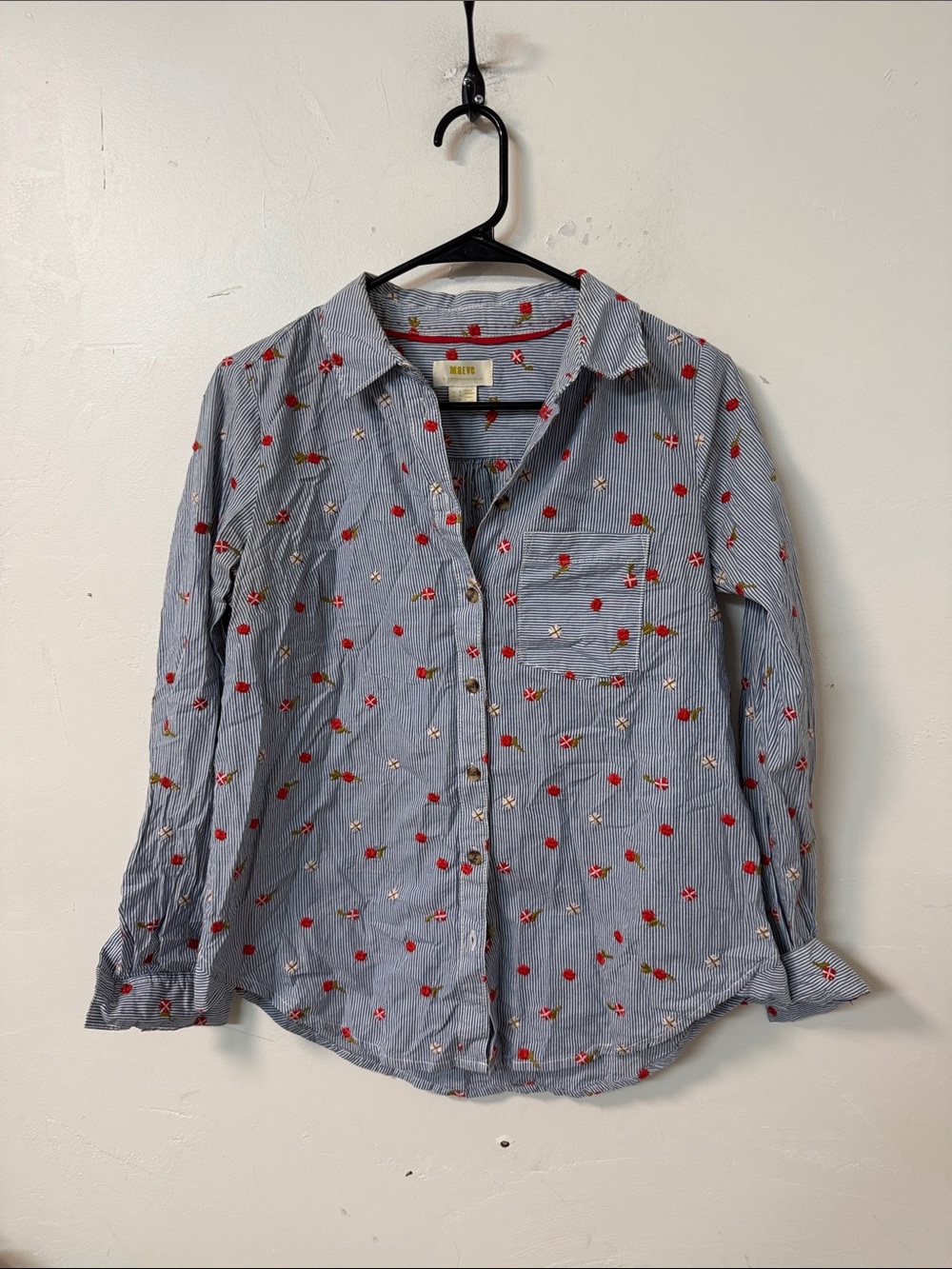 Anthropologie Blue Striped Button-Up Shirt with Red Floral Embroidery